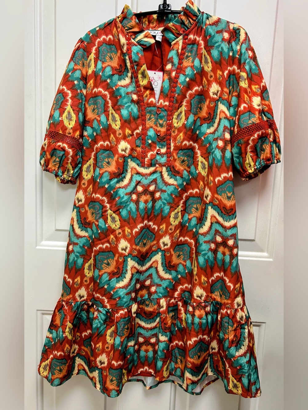 Joy Joy Rust, Teal & Gold Boho Print Mini Dress with Ruffle Hem and Lace Trim - Picture 3 of 14